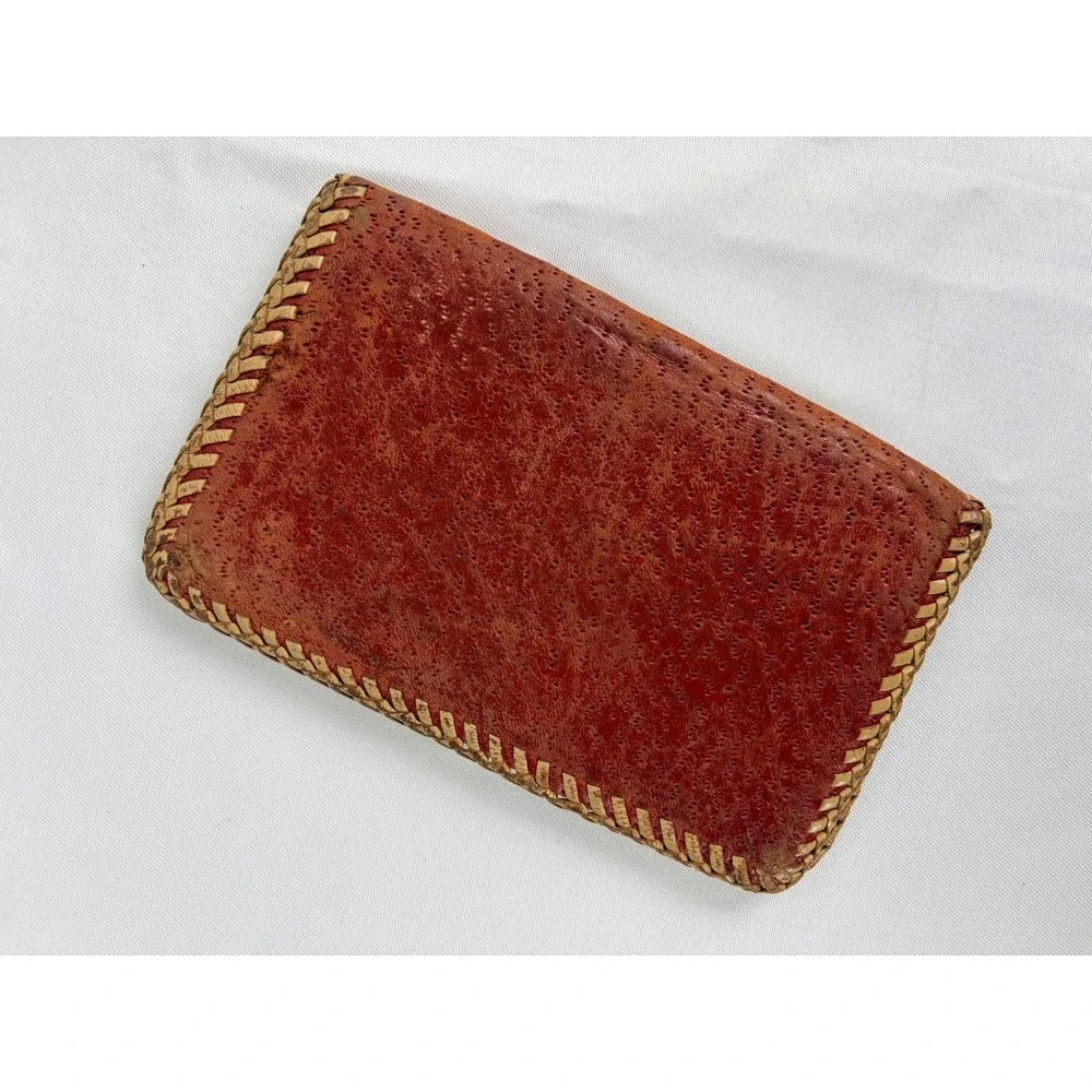 Vintage‎ Handmade Red Leather Whipstitch Bifold Wallet Card Holder Western Boho